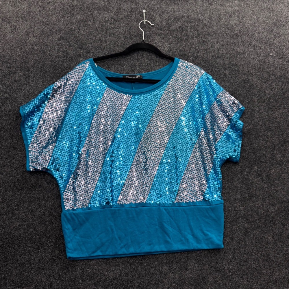 Chances R Turquoise Blue Silver Sequin Striped Batwing Blouse Top Womens Large